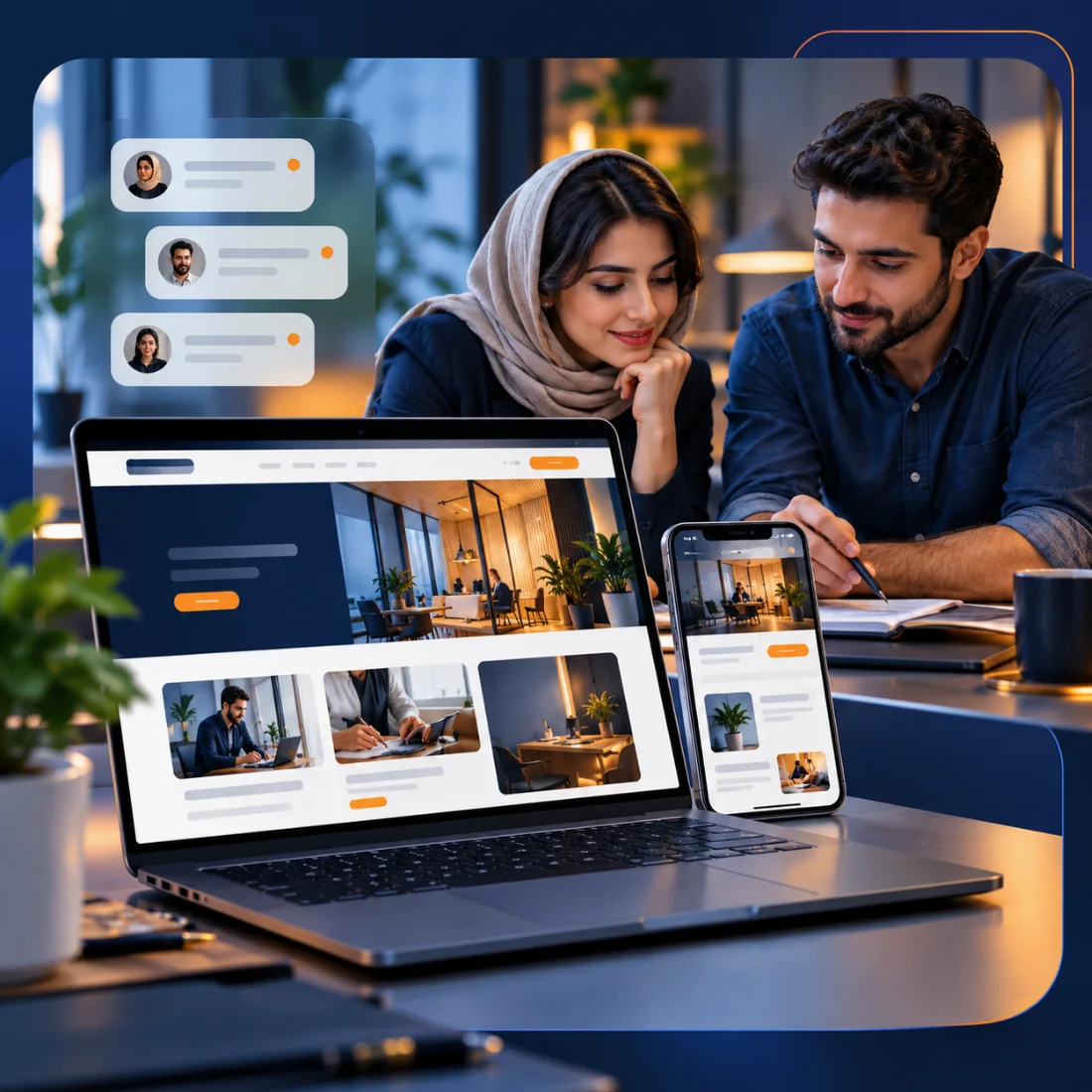 تصویر مفهومی همکاری در کسبوکار و نمایش سایت روی لپتاپ و موبایل